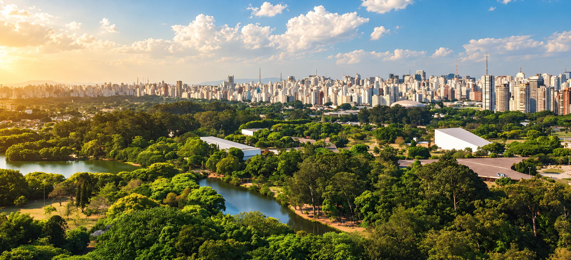 Vista panorâmica do Parque Ibirapuera com o skyline de São Paulo